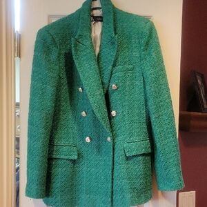 Green Tweed Double-Breasted Women's Blazer Jacket